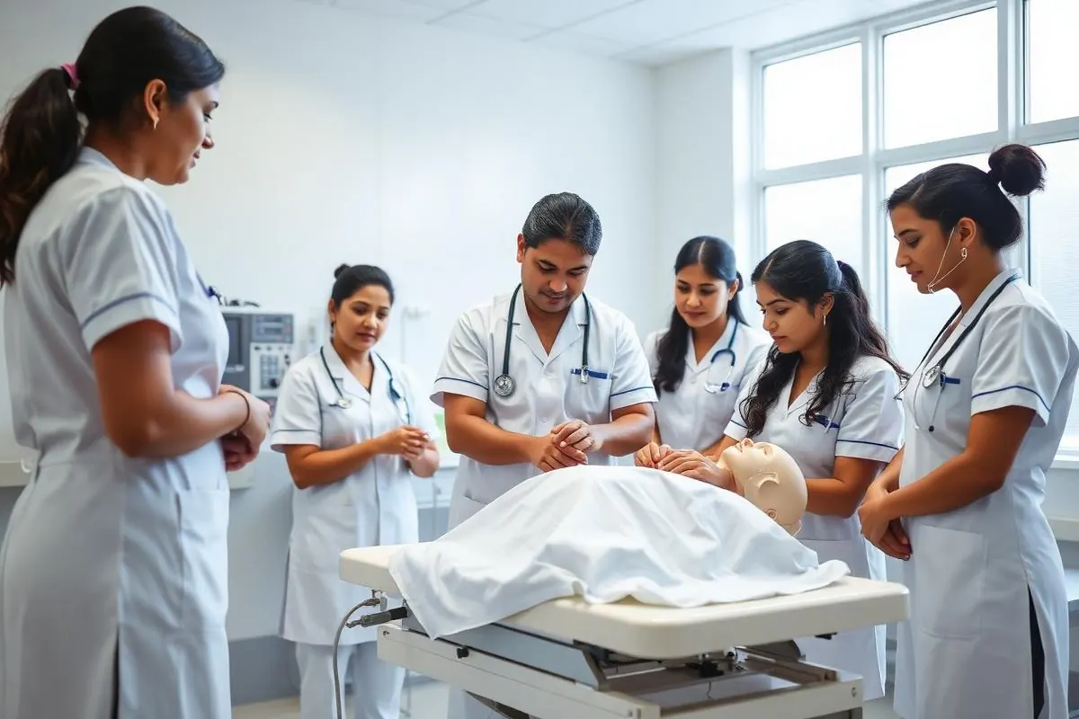 Nursing students practising patient care on a training manikin in a skills laboratory